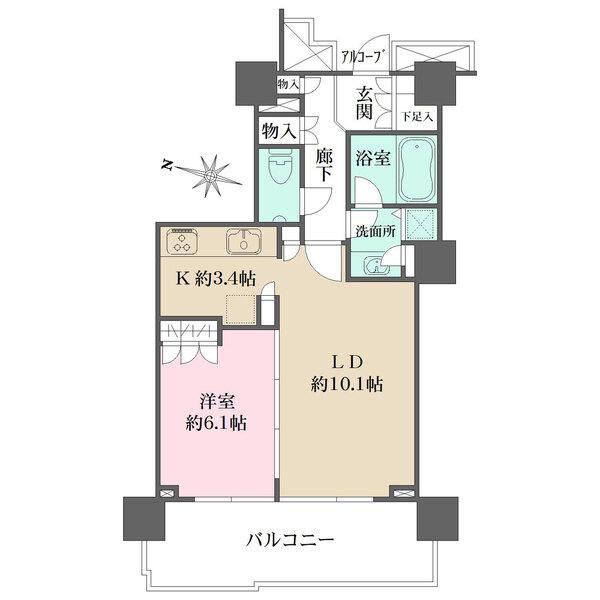 廊下部分が少なく、居住スペースが広く確保されたレイアウト。LD・洋室がバルコニーに面しています。
