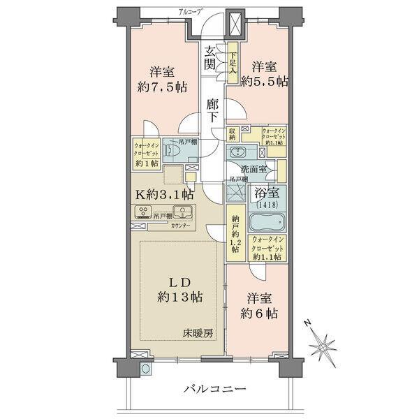3LDK+N+3WIC　※N＝納戸、WIC＝ウォークインクローゼット