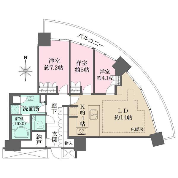 83平米超３LＤＫ。各室バルコニー面し採光・眺望良好。共用廊下に専用使用権付トランクルーム有(無償)