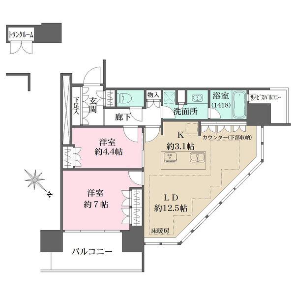 共用廊下に専用使用権付きトランクルーム有り(無償)。全居室収納付きで収納豊富。浴室に窓有り。