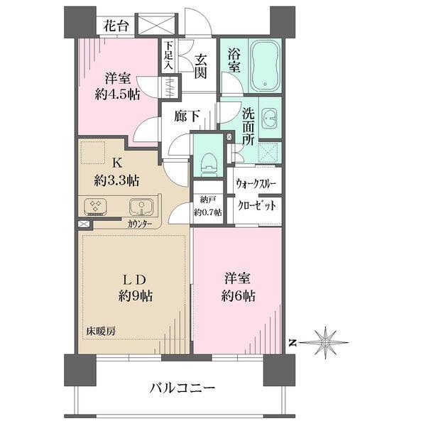 納戸(0.7帖)あり、ウォークスルークローゼットあり、カウンター式システムキッチン、LDに床暖房あり