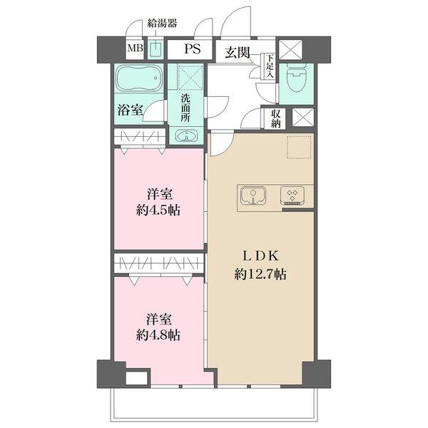 陽当り・通風良好な南東向き住戸。廊下部分が短く、住空間が確保されています。便利な廊下収納有り。