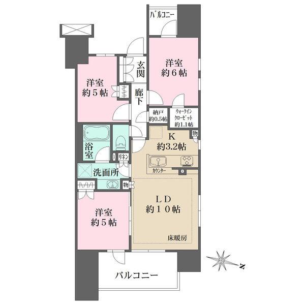 開放的な3方角住戸。通風も良好です。ウォークインクローゼット等、全居室に収納が備わっています。