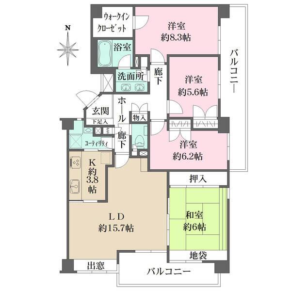 一体化すると約21.7帖になるLDと和室は、明るい南側の配置です。全居室がバルコニーに面しています。