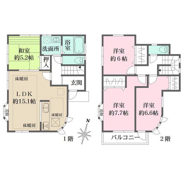 LDK約15.1帖。水回りや階段など随所に窓があり、陽当り・通風良好。