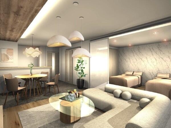 イメージパースは、設計図面を基に描いたものに家具・調度品等を合成したもので、実際のものと異なります。