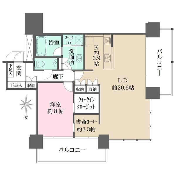 陽当り良好な2面バルコニー付き角住戸。約24.5帖の広々としたLDK。ウォークインクローゼット付き。