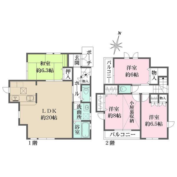 約20帖の広々としたLDK。全居室6帖以上の広さが確保され、小屋根裏収納のある収納豊富な住まいです。