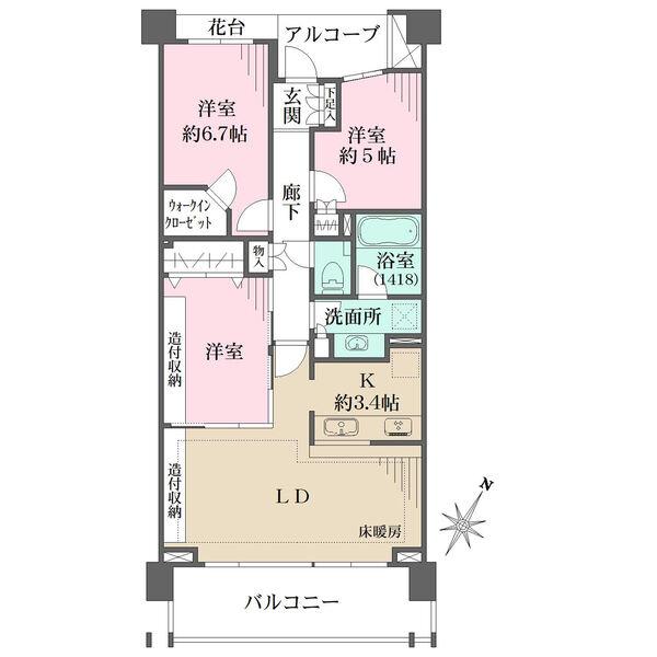 LD(造付収納部分含む帖数) 約13.4帖、洋室(造付収納部分含む帖数) 約6.0帖