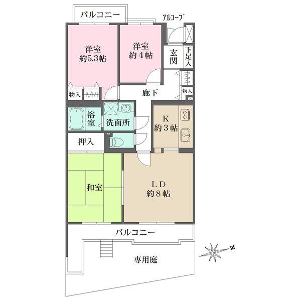 南東・北西側にバルコニーあり。南東向きにつき陽当り良好。