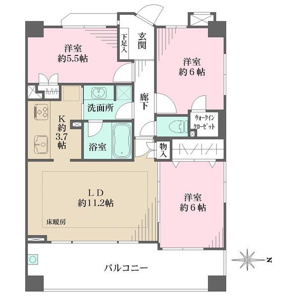 洋室(約6.0帖)にWICあり、全居室に収納あり、効率の良い生活動線を考慮した水回りの配置