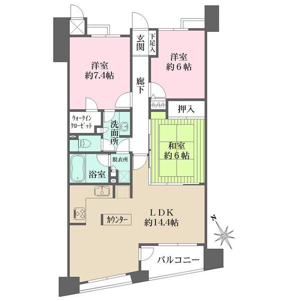 バルコニー面積：5.05m?、ウォークインクローゼット付き(洋室約7.4帖)で豊富な収納スペース