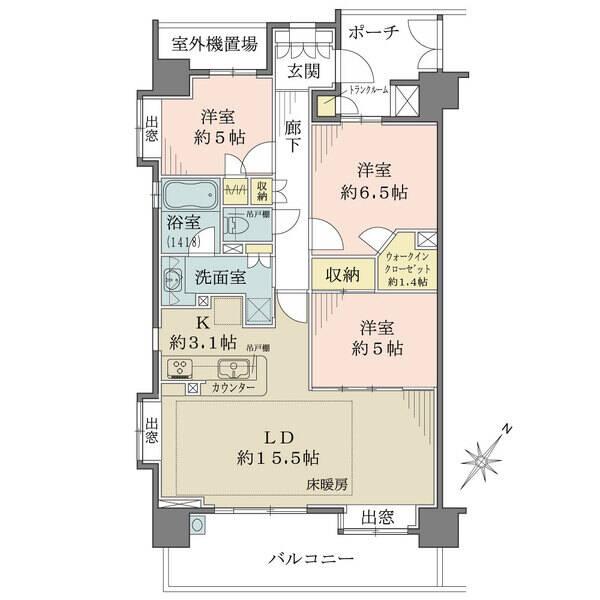 玄関ポーチ面積5.75平米、室外機置場面積3.48平米、専有面積はトランクルーム0.37平米含む。