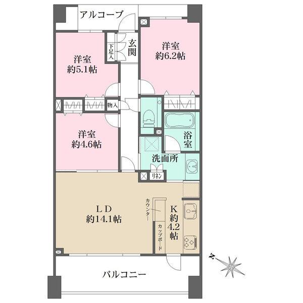 LDKは約18.3帖。洗面所は2WAYアクセスで動線良好。各洋室や廊下、洗面所など随所に収納有り。