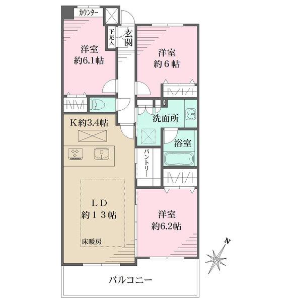 陽当り良好な南東向き住戸。LDは床暖房付きです。パントリーなど、全居室に収納が備わっています。