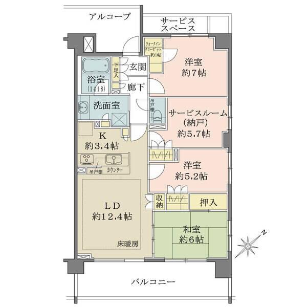 LDから和室・約5.2帖洋室・納戸につながる快適な動線。LD部分には床暖房付き。全居室に収納有り。