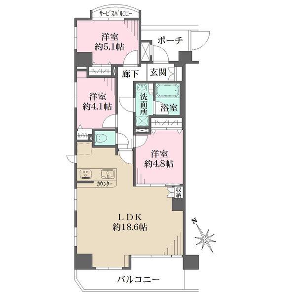 角住戸で開口部が多く採光良好、2面バルコニー、ポーチ(4.58m2)あり、キッチンに食洗機あり