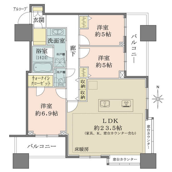 LDKはゆとりある約23.5帖。全洋室バルコニーサイド設計。ウォークインクローゼットなど収納豊富。