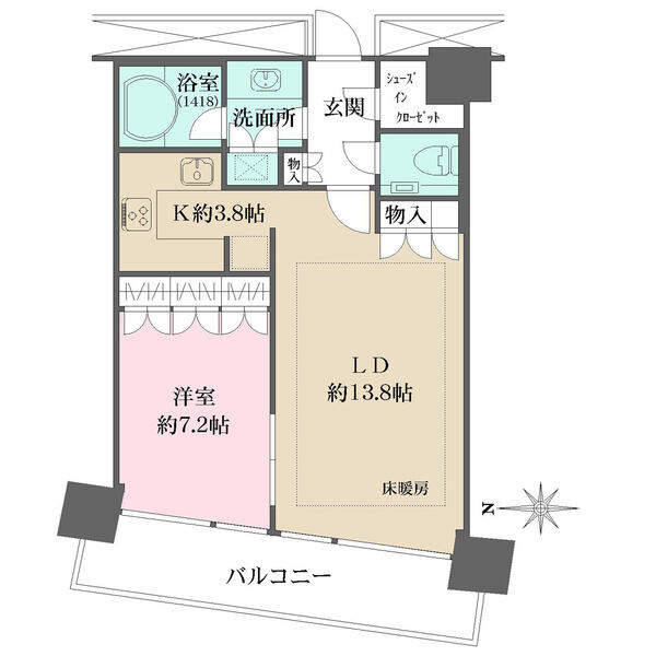 ゆとりの広さが確保された1LDKの住まいです。シューズインクローゼットなど、豊富な収納スペース有り。