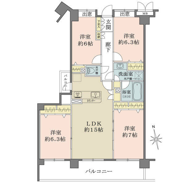 LDKと洋室2室が南向きバルコニーに面し、陽当たり良好。キッチンは対面式、西向きバルコニー付きです。