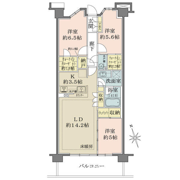 LDKと洗面室が隣接し、家事動線に配慮された間取り。全居室に収納があり、住空間を有効活用できます。