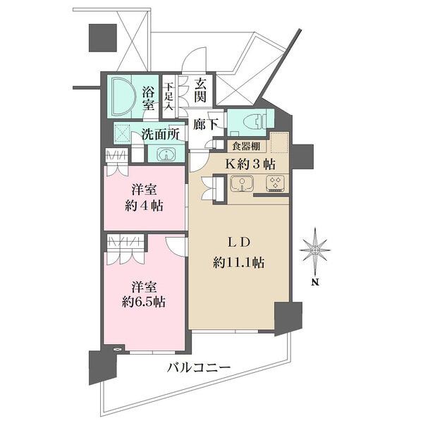北向きバルコニーがLDと洋室に面しています。キッチンは対面仕様。各洋室や廊下に収納が備わっています。