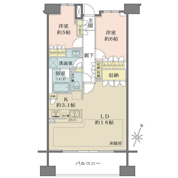 南東向きにつき、陽当り・通風良好。LDは床暖房搭載。各洋室やLD、廊下などに収納が備わっています。