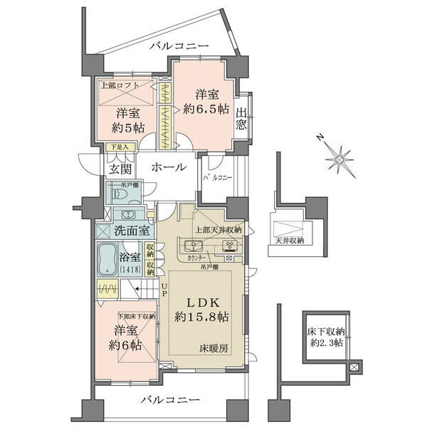 洋室約5帖上部にロフト、洋室約6帖下部に床下収納、キッチン上部に天井収納有り