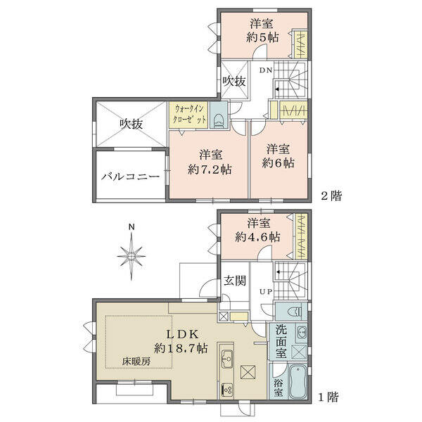 全居室2面以上採光。LDKは吹抜からも陽光が差し込み、明るく開放感ある空間。全洋室収納付き。