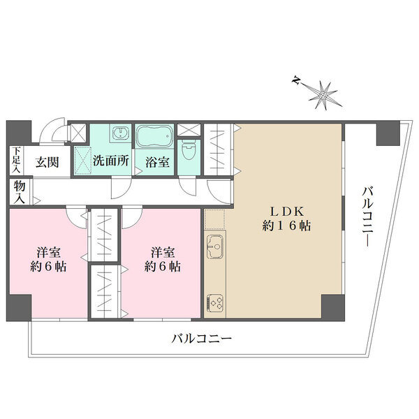 全居室6帖以上。全居室に跨るバルコニーが設けられ、陽当り・通風ともに良好です。浴室サイズ1316。