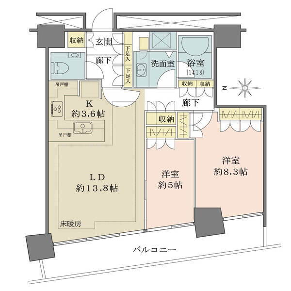 全居室がバルコニーに面す、開放感のある設計。全居室5帖超。各洋室や玄関・廊下に収納が備わっています。