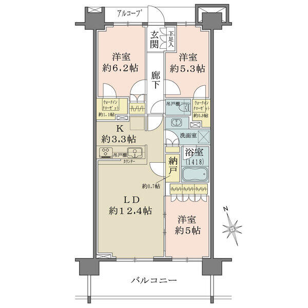 各居室5帖以上、納戸やウォークインクローゼットなど豊富な収納が魅力の３LDKタイプ