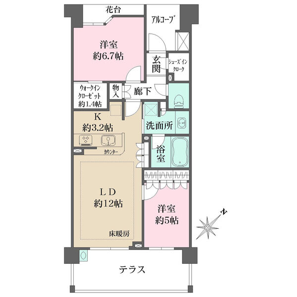 陽当り・通風良好なテラス付き住戸。全居室＆廊下部分に収納付き。玄関前には独立性を高めるアルコーブ有。