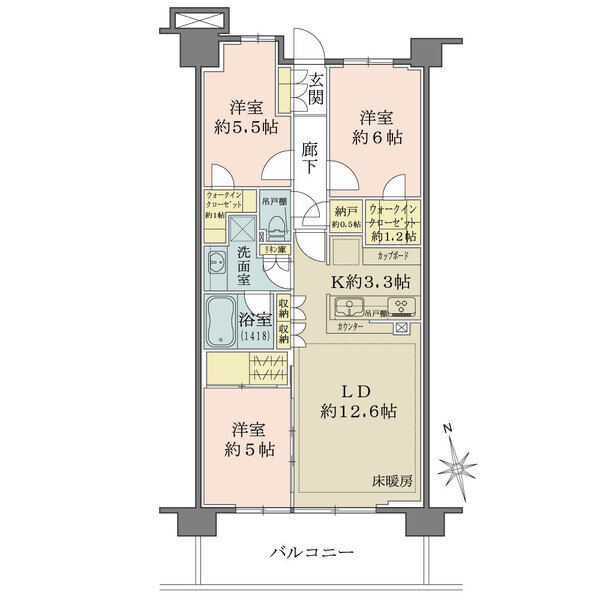 最上階・南向きの開放的な住空間。LDに隣接する洋室(約5.0帖)は一体利用が可能。豊富な収納あり。