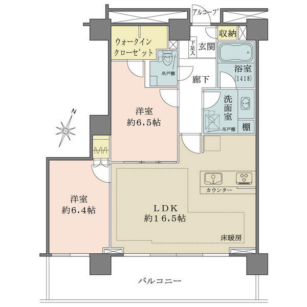 廊下面積が少なく、住空間を有効活用した間取り。約6.5帖の洋室にはウォークインクローゼット付きです。