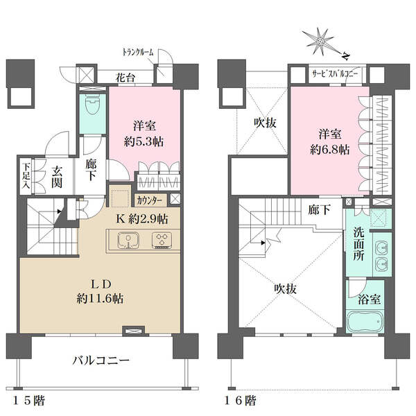 陽当り・眺望良好。LD上部は吹抜け仕様で開放感があります。各洋室の収納やトランクルームなど収納充実。