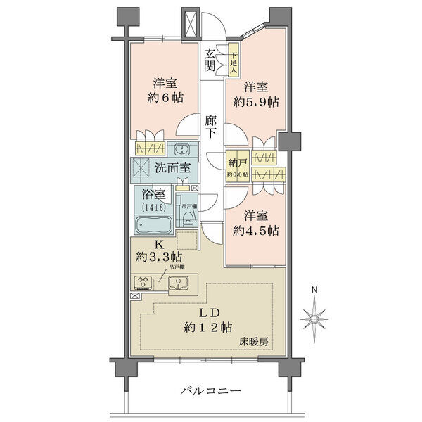 LDと洋室約4.5帖は一体利用が可能な柔軟な間取り。キッチンは対面式、LD部分に床暖房付きです。