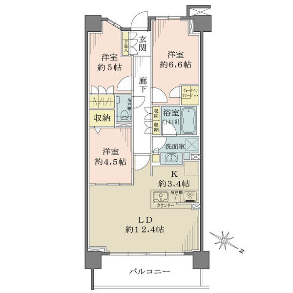 LDKは隣室と一体利用し、ゆったりと寛げます。LD部分に床暖房搭載。各洋室・廊下・洗面室に収納有。