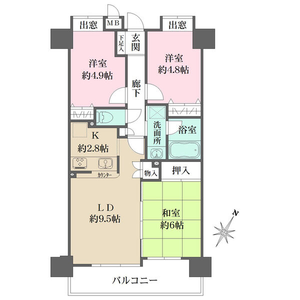 南東向きバルコニーにLDKと和室が面した、陽当り良好な住まい。洋室2室は振り分けタイプです。