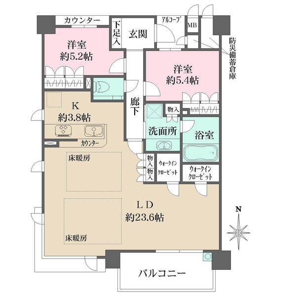 南向きバルコニーが設けられた角住戸。LDKは広々約27.4帖。ウォークインクローゼットなど収納豊富。