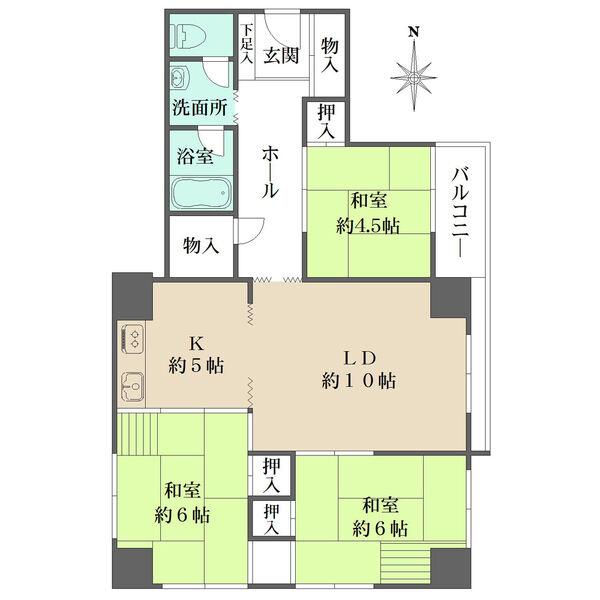 陽当り・通風・眺望良好な東向きの角住戸です。各和室やホール、玄関などに収納が充実しています。