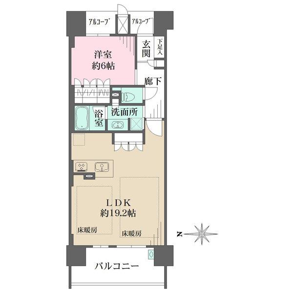 バルコニーに面するLDKはゆとりある約19.2帖。LD部分は2面床暖房付き。玄関アルコーブ有り。