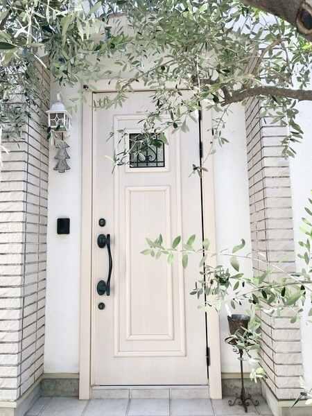 玄関にはオリーブの植栽を配し、玄関扉まわりを華やかに演出しています。