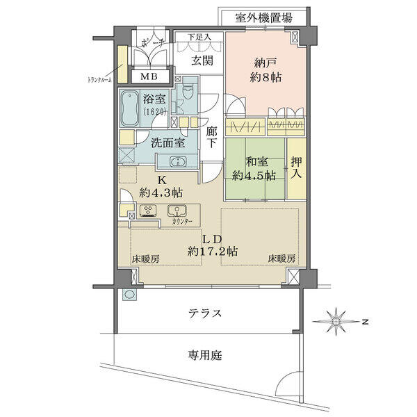 LDは約17.2帖の広さで、床暖房付き。テラス、専用庭へ出ることができ内と外が緩やかにつながります。