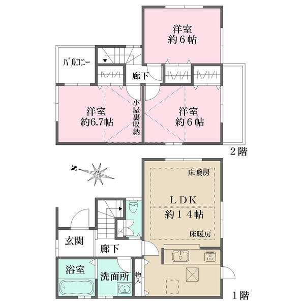 全居室2面採光・収納付き。光と風が心地良い住まいです。LD部分に床暖房が設置されています。