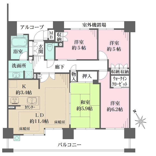 LD含む3居室がバルコニーに面した開放的な間取り。ウォークインクローゼットなど収納豊富です。