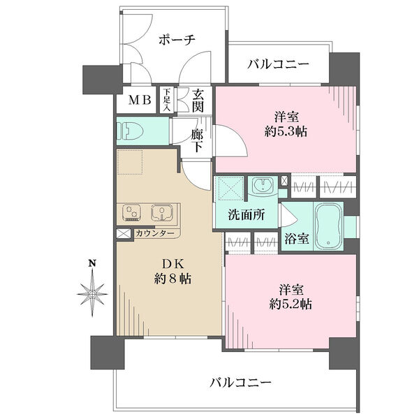 全居室バルコニーサイド設計、陽当り＆通風良好な南向き角住戸。住戸の独立性を高める玄関ポーチ有。