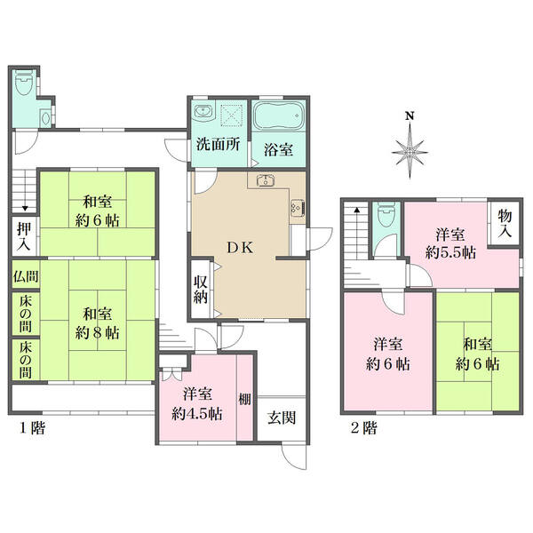 洋室3部屋・和室3部屋あり、ご家族でゆったりと暮らせます。キッチンには勝手口あり。陽当り良好です。