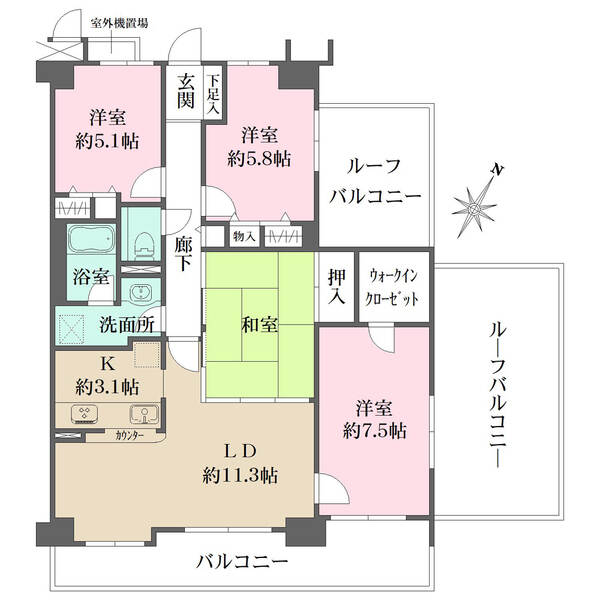 開放感のある角住戸。広々ルーフバルコニーは多目的に活用可能。LDは南東向きバルコニーに面しています。