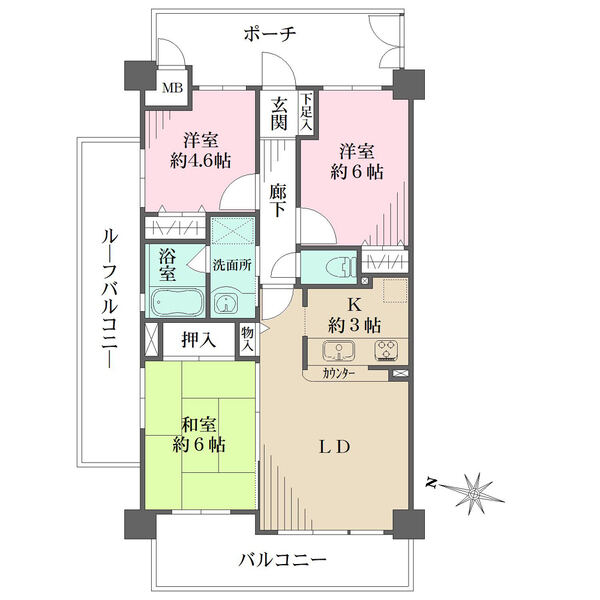 陽当り良好な三方角住戸。全居室に収納が豊富です。玄関を出ると独立性の高いポーチがございます。